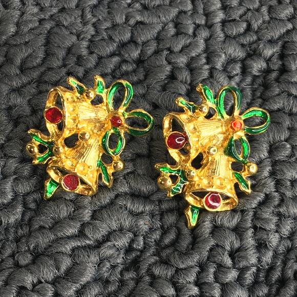 Vintage Christmas Bell Pierced Earrings Gold Tone w/‎ Green & Red - Picture 4 of 13